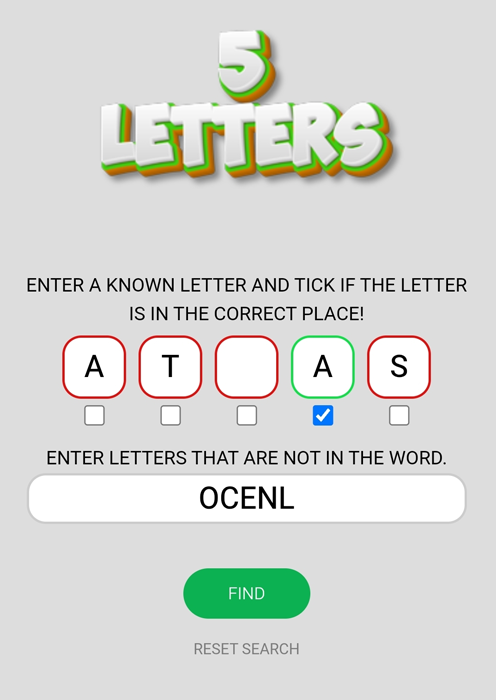 Found words with the letter A in the fourth position, containing TS and without OCENL.